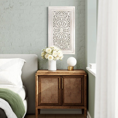 Carved Decorative Panel "Freesia" - White & Green Wash - 35 x 19 Inches