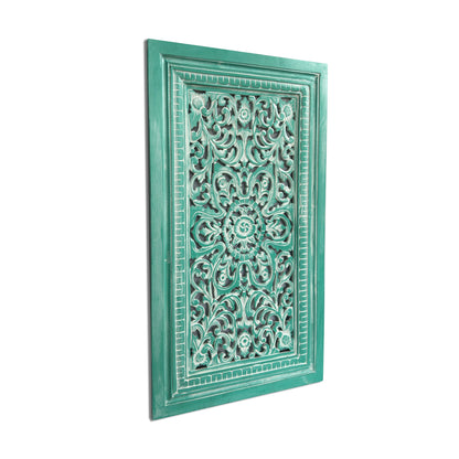 Carved Decorative Panel "Freesia" - Green Wash - 35 x 20 Inches