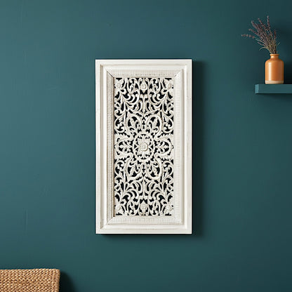 Carved Decorative Panel "Freesia" - White & Green Wash - 35 x 19 Inches