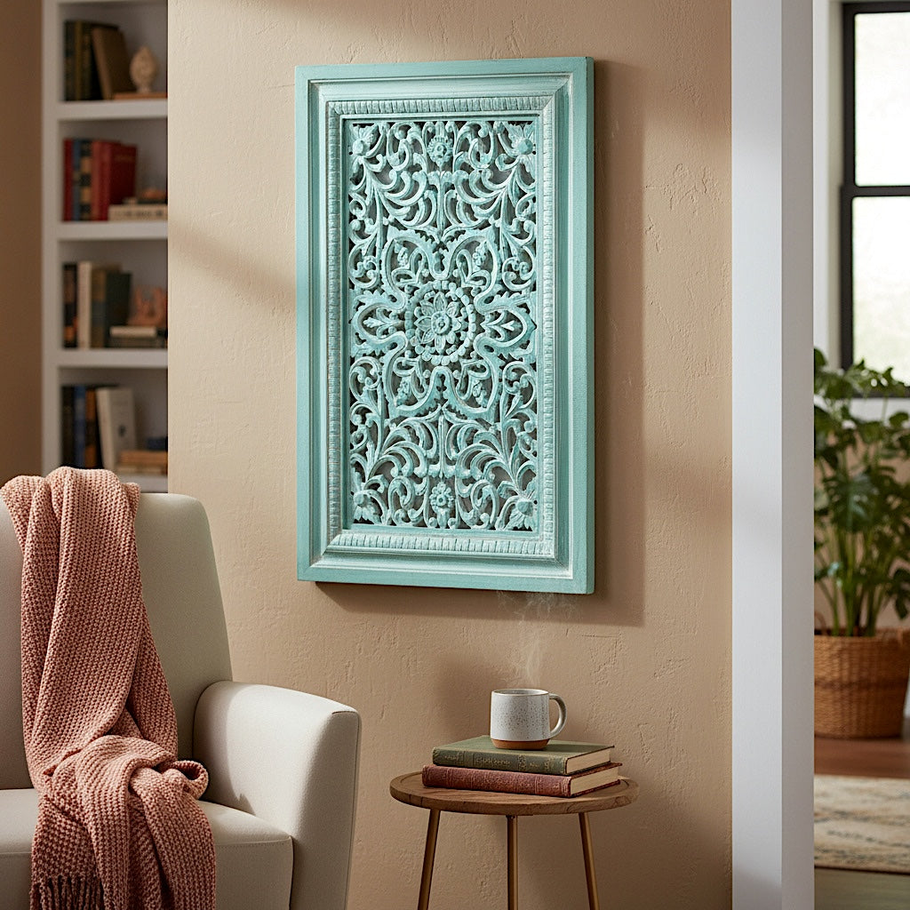 Carved Decorative Panel "Freesia" - White & Green Wash - 35 x 19 Inches