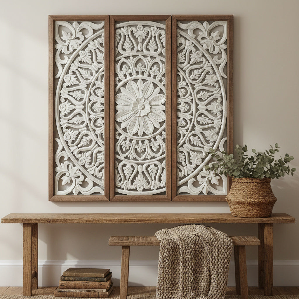 Carved Decorative Panel "Galungan" - 39 x 39 Inches - White Wash