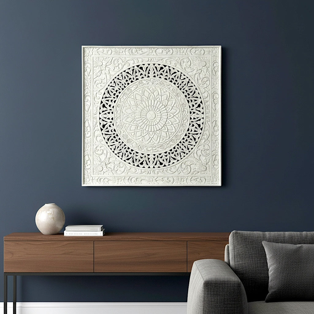 Carved Decorative Panel "Hati" - White Wash - 40 Inches