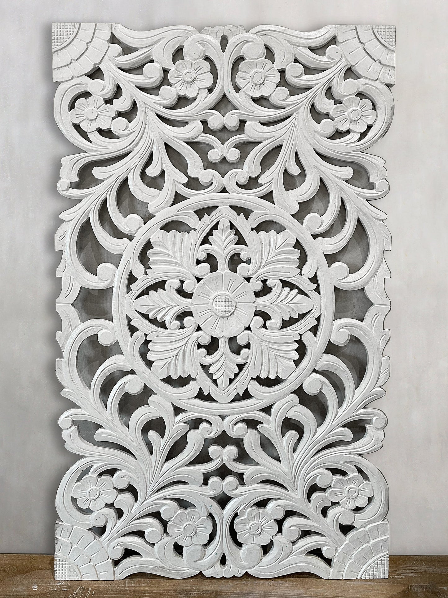 Carved Decorative Panel "Azalea" - White - 40 x 23 Inches
