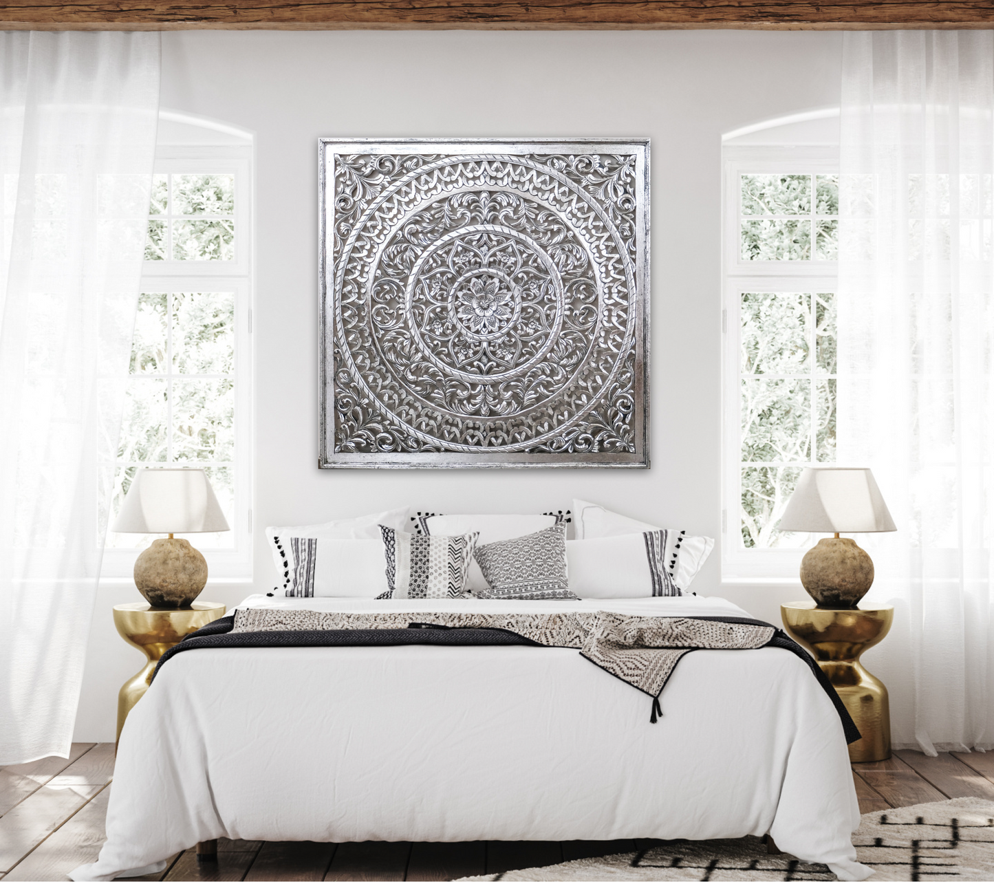 Carved Decorative Panel "Cenik" - 39 x 39 Inches - Silver Wash
