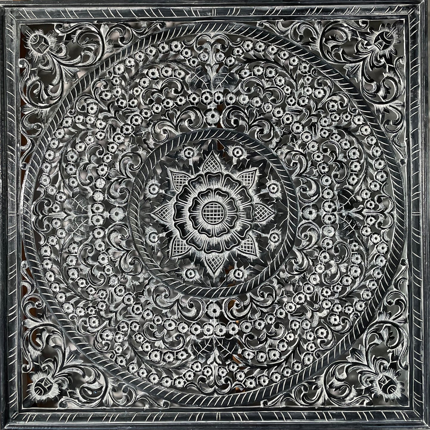 Carved Full Bed Headboard "Peony" - Monochrome Wash