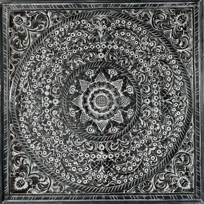Carved Full Bed Headboard "Peony" - Monochrome Wash