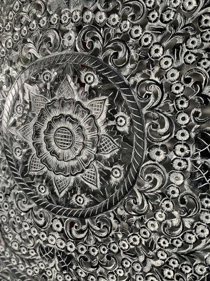 Carved Full Bed Headboard "Peony" - Monochrome Wash