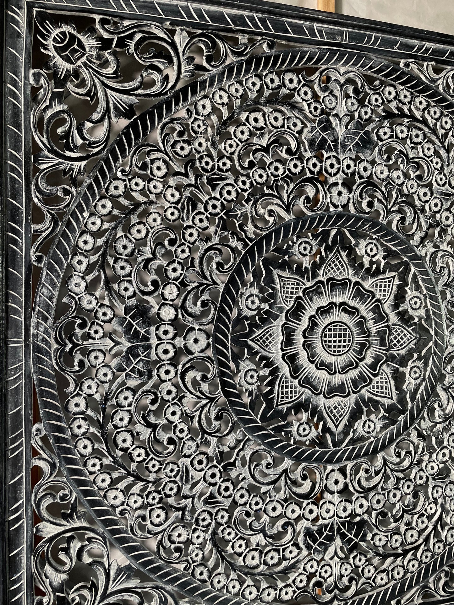 Carved Full Bed Headboard "Peony" - Monochrome Wash