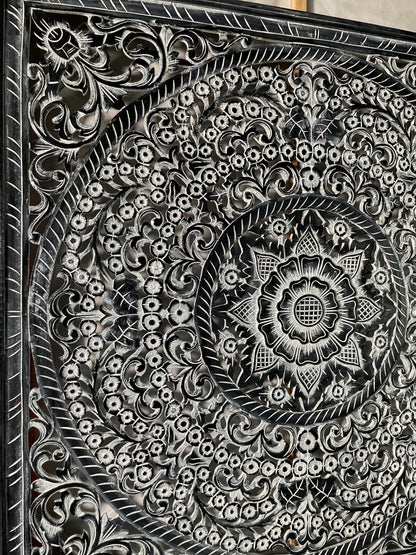 Carved Full Bed Headboard "Peony" - Monochrome Wash