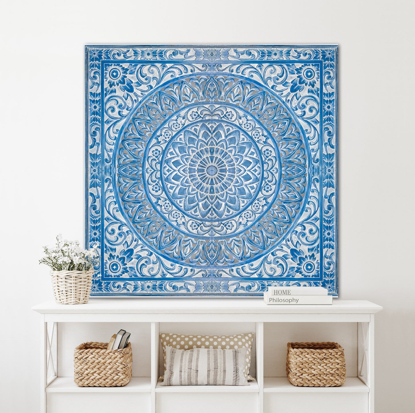 Carved Decorative Panel "Hati" - Blue Wash - 39 x 39 Inches