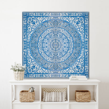 Carved Decorative Panel "Hati" - Blue Wash - 39 x 39 Inches