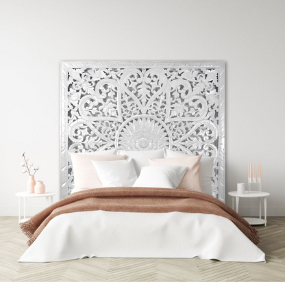 Carved Full Bed Headboard "Jantung" - White Wash