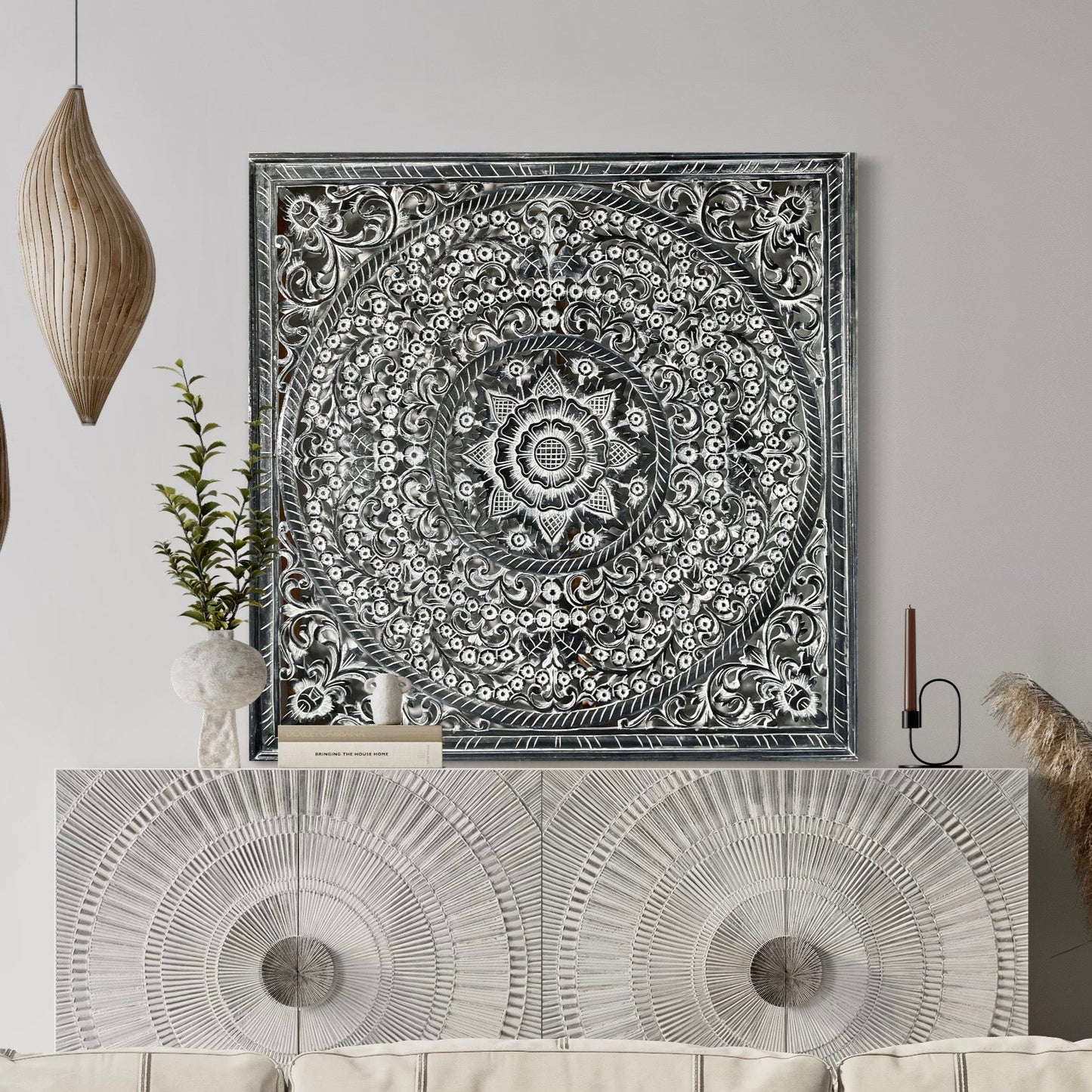 Carved Decorative Panel "Peony" - Monochrome - 39 x 39 Inches