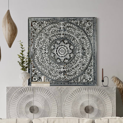 Carved Decorative Panel "Peony" - Monochrome - 39 x 39 Inches