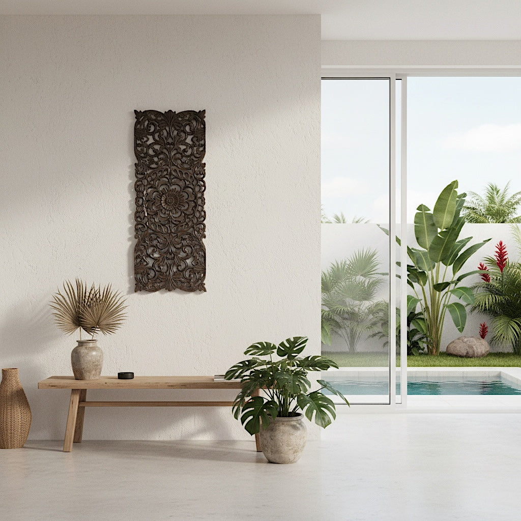 Carved Decorative Panel "Indah" - Dark Brown & Antic Wash - 40 Inches
