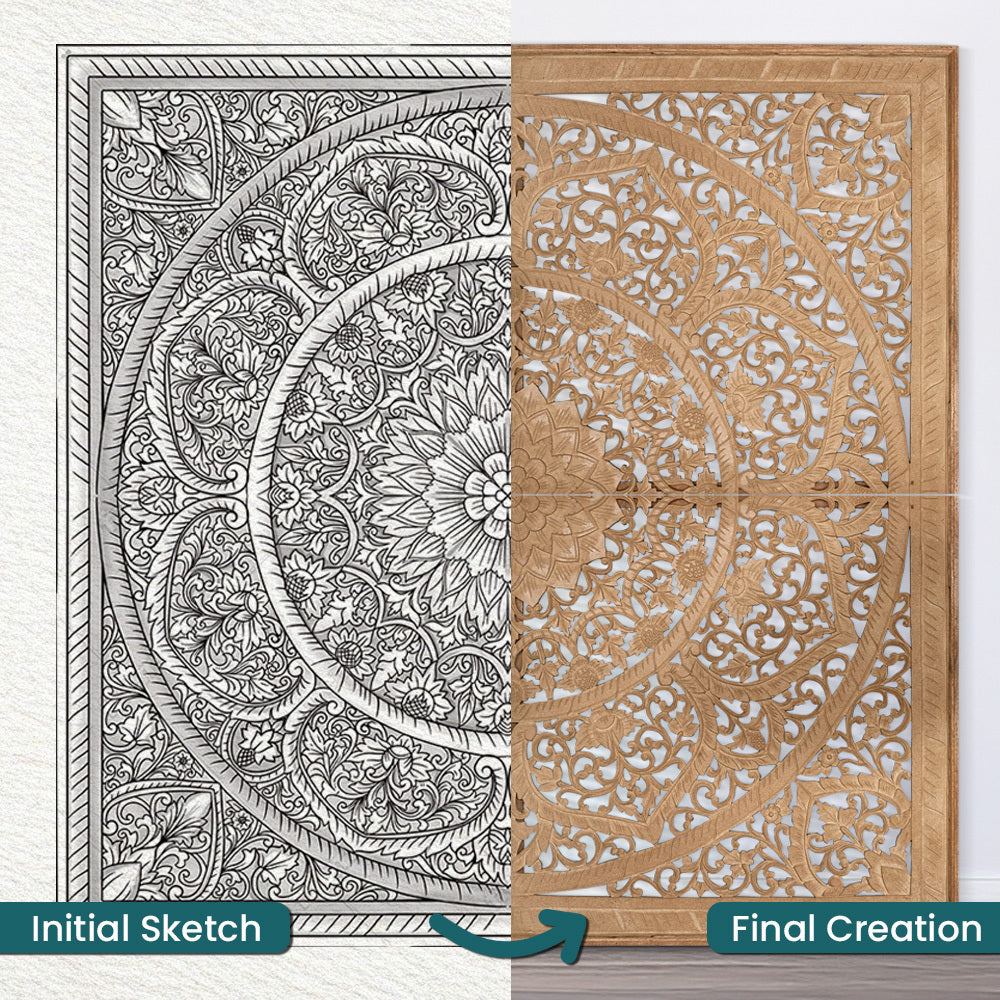 Carved Bed Headboard "Manusa" - Natural Brown