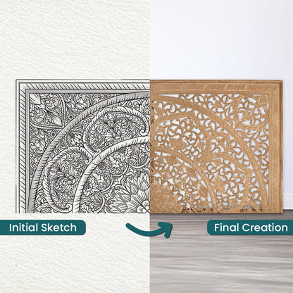 Carved Half Cut Bed Headboard "Sumber" in Natural Brown