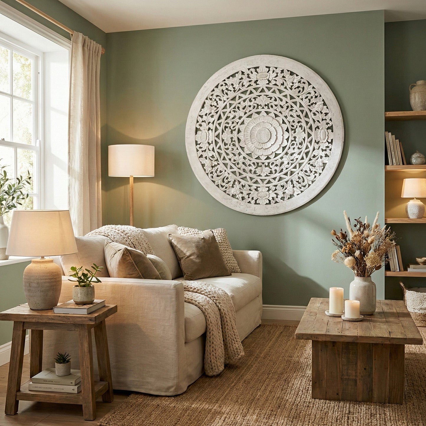 Carved Decorative Mandala "Jemu" - White - 40 Inches