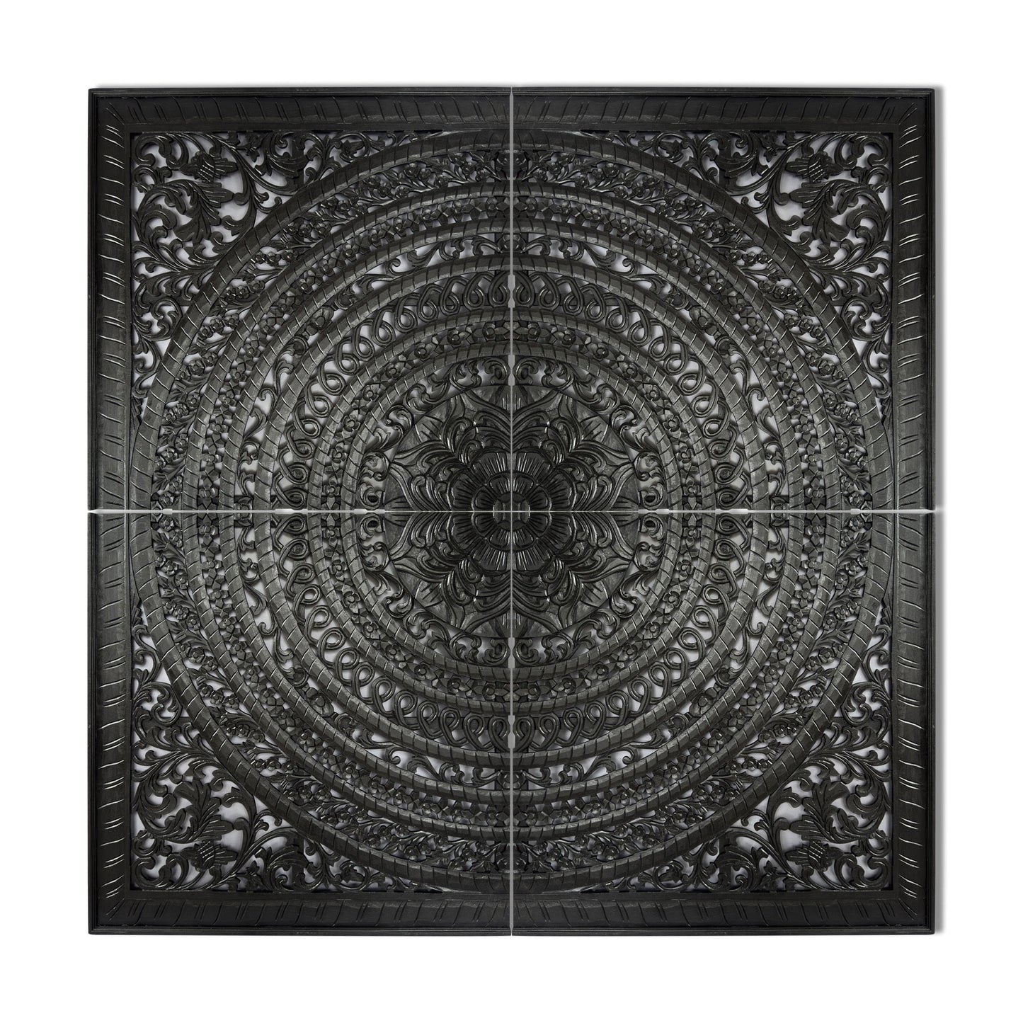 Carved Full  Bed Headboard "Kusuma" in Black