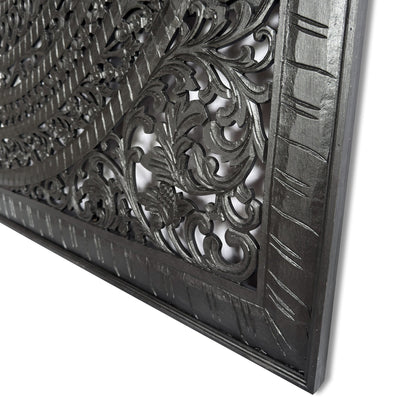 Carved Full  Bed Headboard "Kusuma" in Black