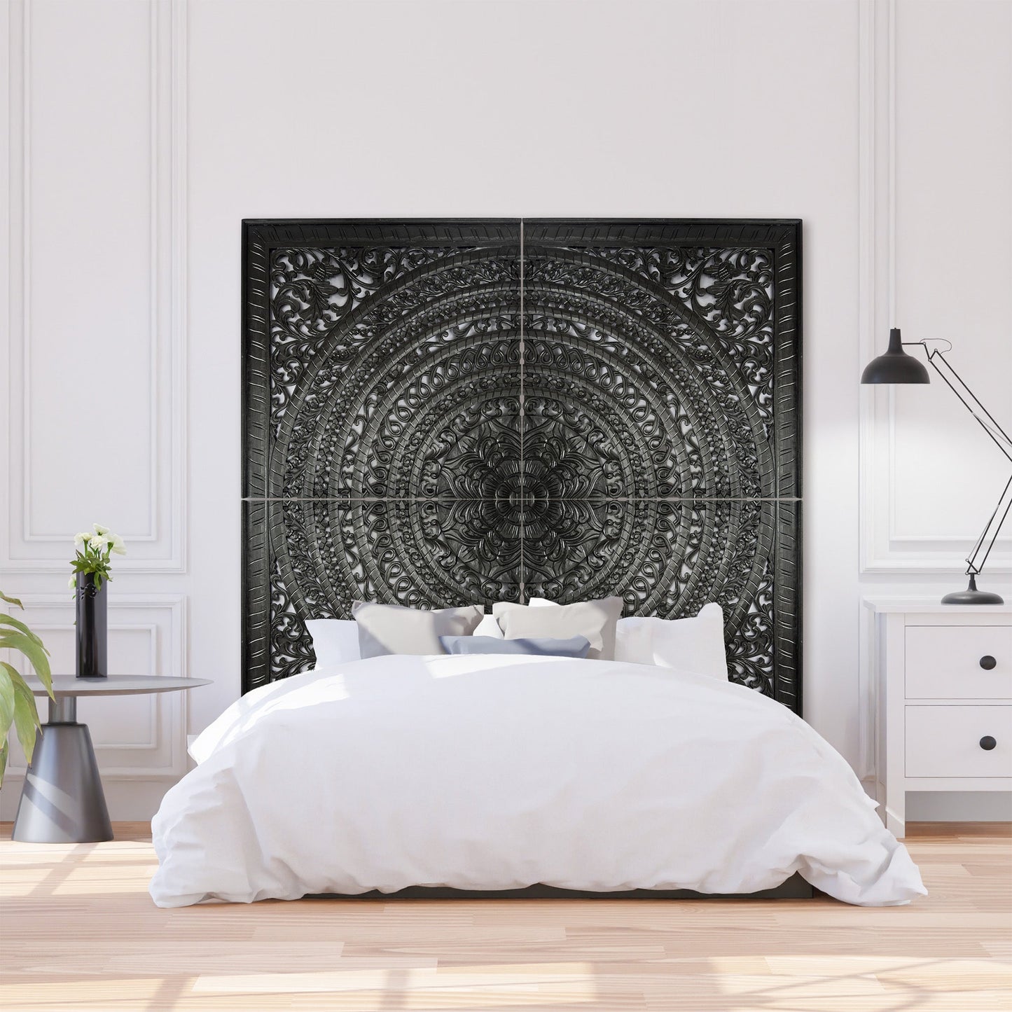 Carved Full  Bed Headboard "Kusuma" in Black