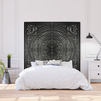 Carved Full  Bed Headboard "Kusuma" in Black