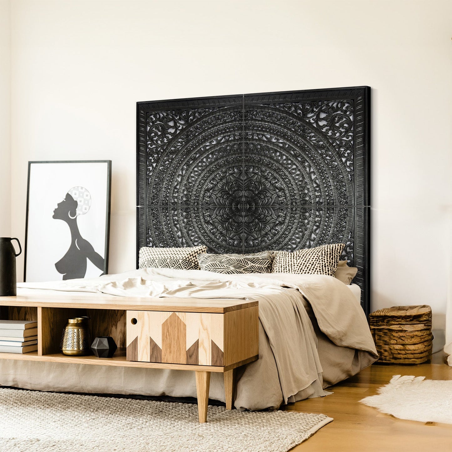 Carved Full  Bed Headboard "Kusuma" in Black