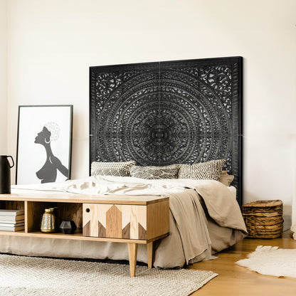 Carved Full  Bed Headboard "Kusuma" in Black