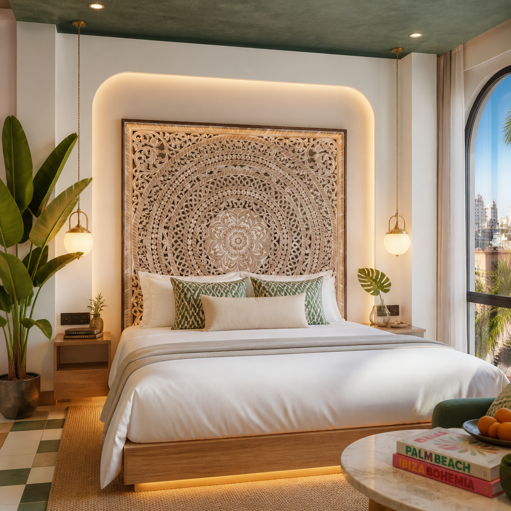 Carved Full Bed Headboard "Kusuma" in Antique Wash