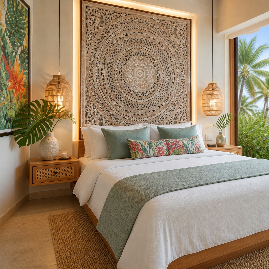 Carved Full Bed Headboard "Kusuma" in Antique Wash