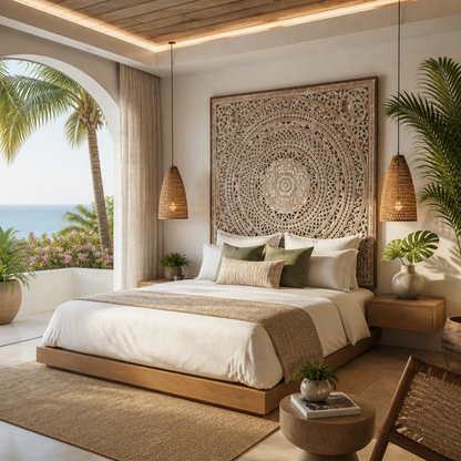 Carved Full Bed Headboard "Kusuma" in Antique Wash