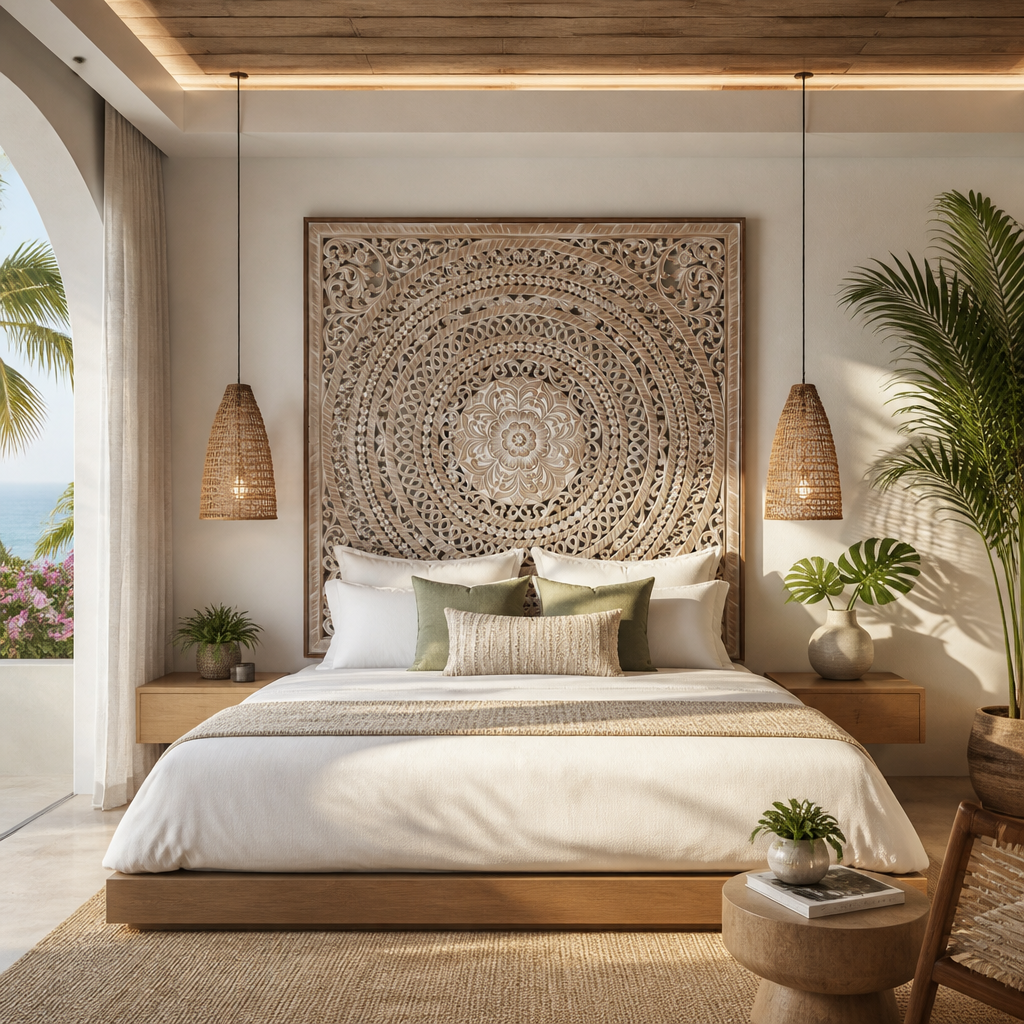 Carved Full Bed Headboard "Kusuma" in Antique Wash