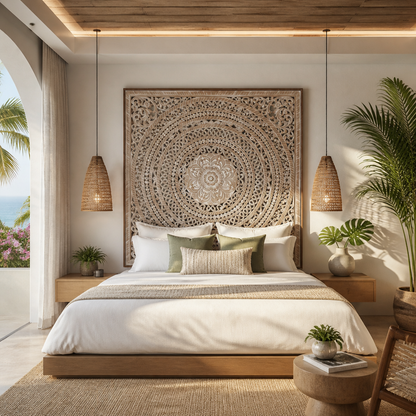 Carved Full Bed Headboard "Kusuma" in Antique Wash