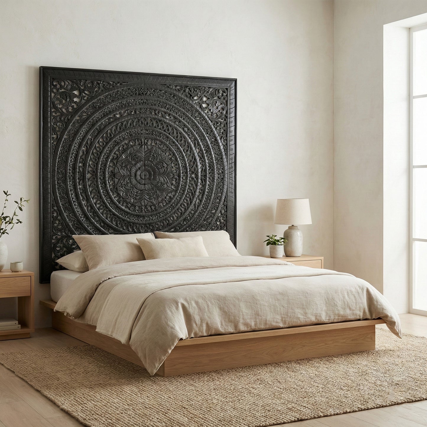 Carved Full  Bed Headboard "Kusuma" in Black