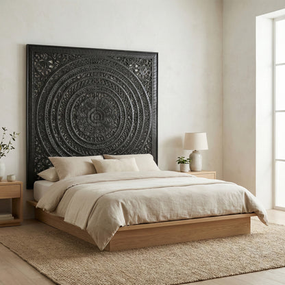 Carved Full  Bed Headboard "Kusuma" in Black