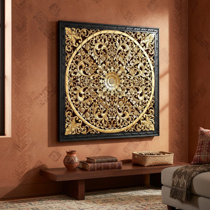 Carved Decorative Panel "Lily" - Gold & Black - 39 x 39 Inches
