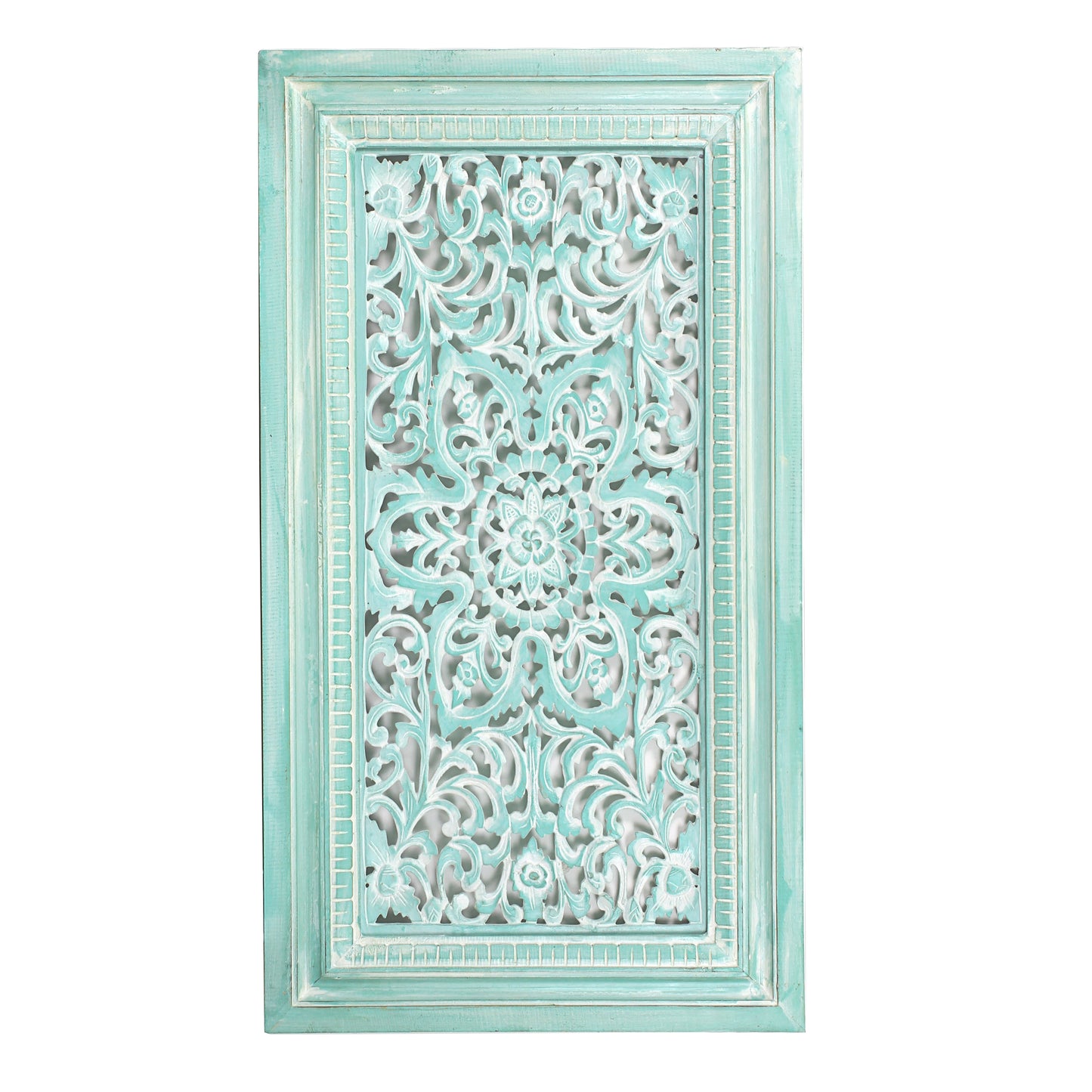 Carved Decorative Panel "Freesia" - White & Green Wash - 35 x 19 Inches