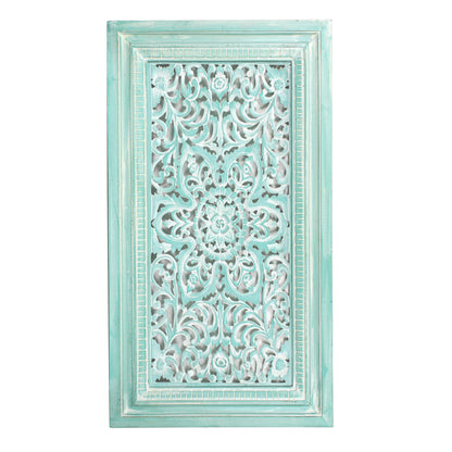 Carved Decorative Panel "Freesia" - White & Green Wash - 35 x 19 Inches