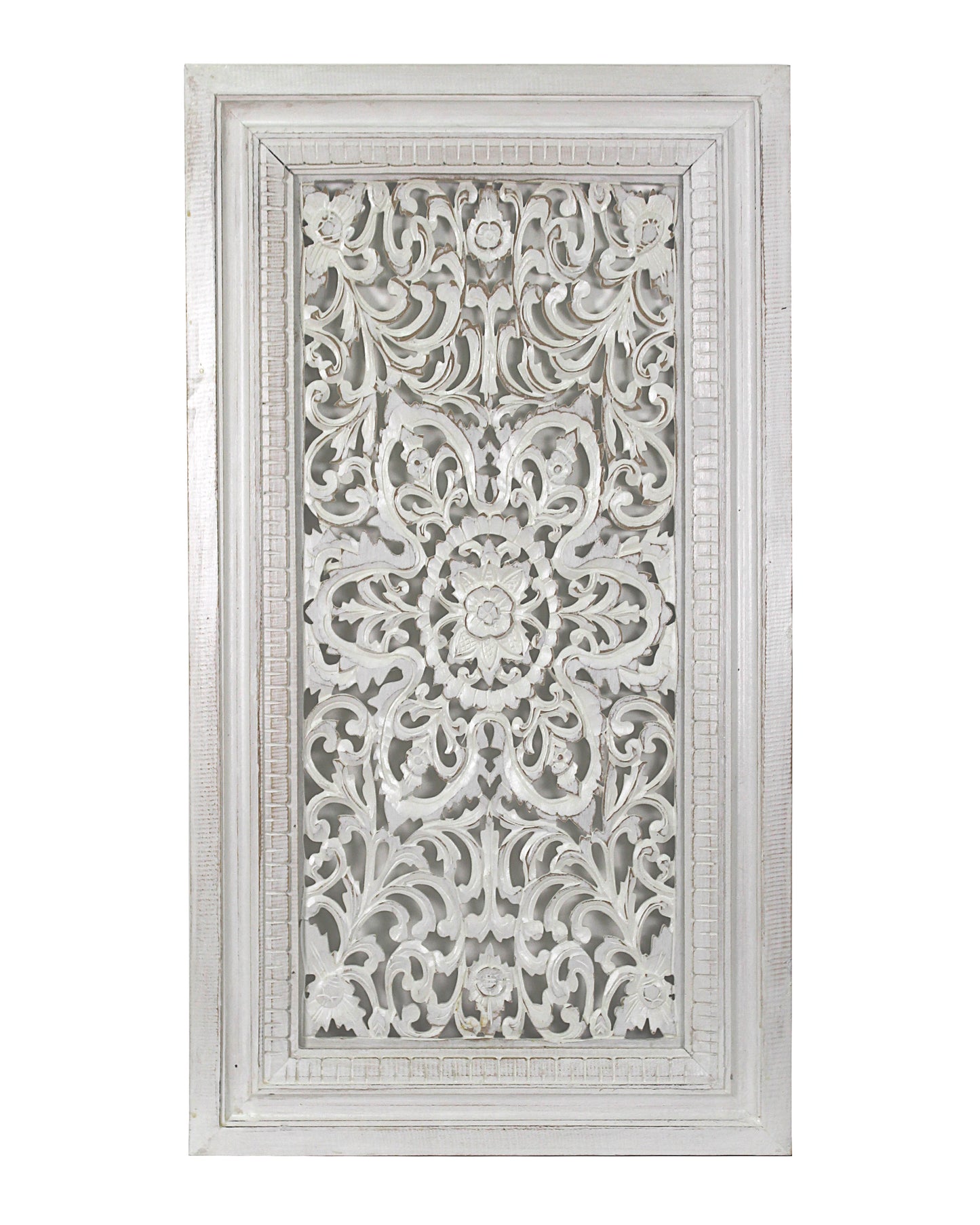Carved Decorative Panel "Freesia" - White & Green Wash - 35 x 19 Inches