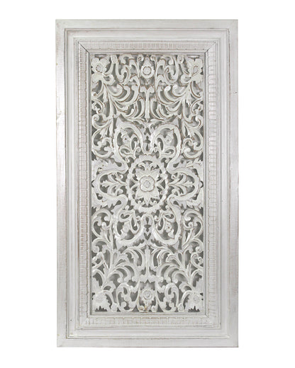 Carved Decorative Panel "Freesia" - White & Green Wash - 35 x 19 Inches