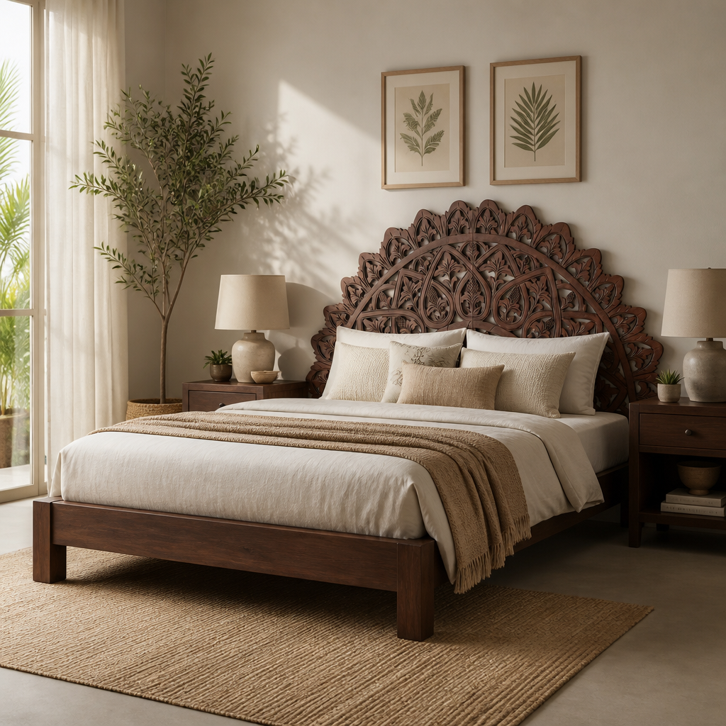 A dark brown carved wooden bed frame with an ornate headboard, styled in a warm, neutral-toned bedroom with matching nightstands, lamps, and botanical wall art.