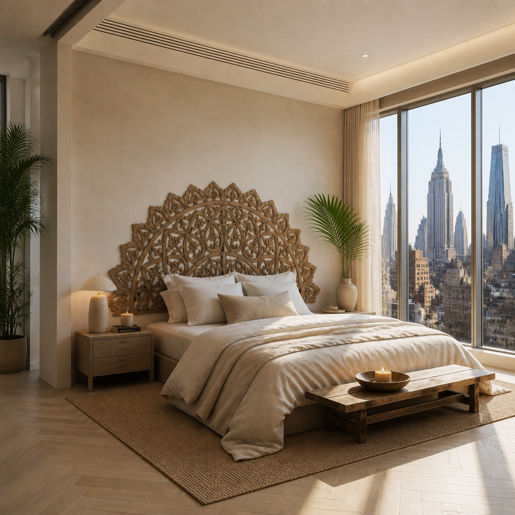 Carved Bed Headboard "Mahkota" - Natural Brown