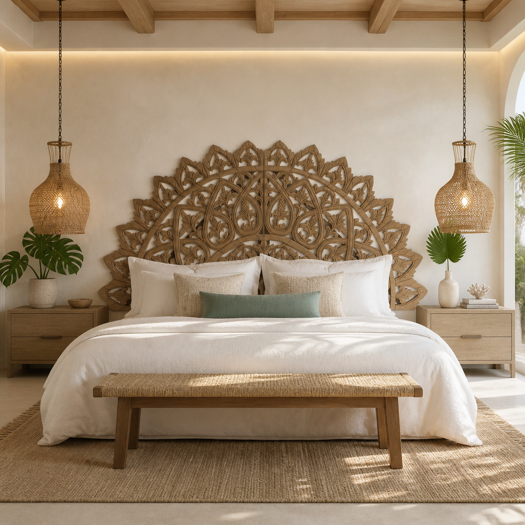 Carved Bed Headboard "Mahkota" - Natural Brown
