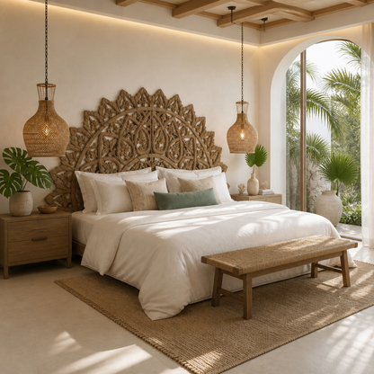 Carved Bed Headboard "Mahkota" - Natural Brown