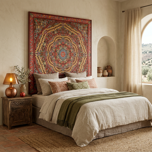 Carved Bed Headboard 'Malawi' - Multicolour Red