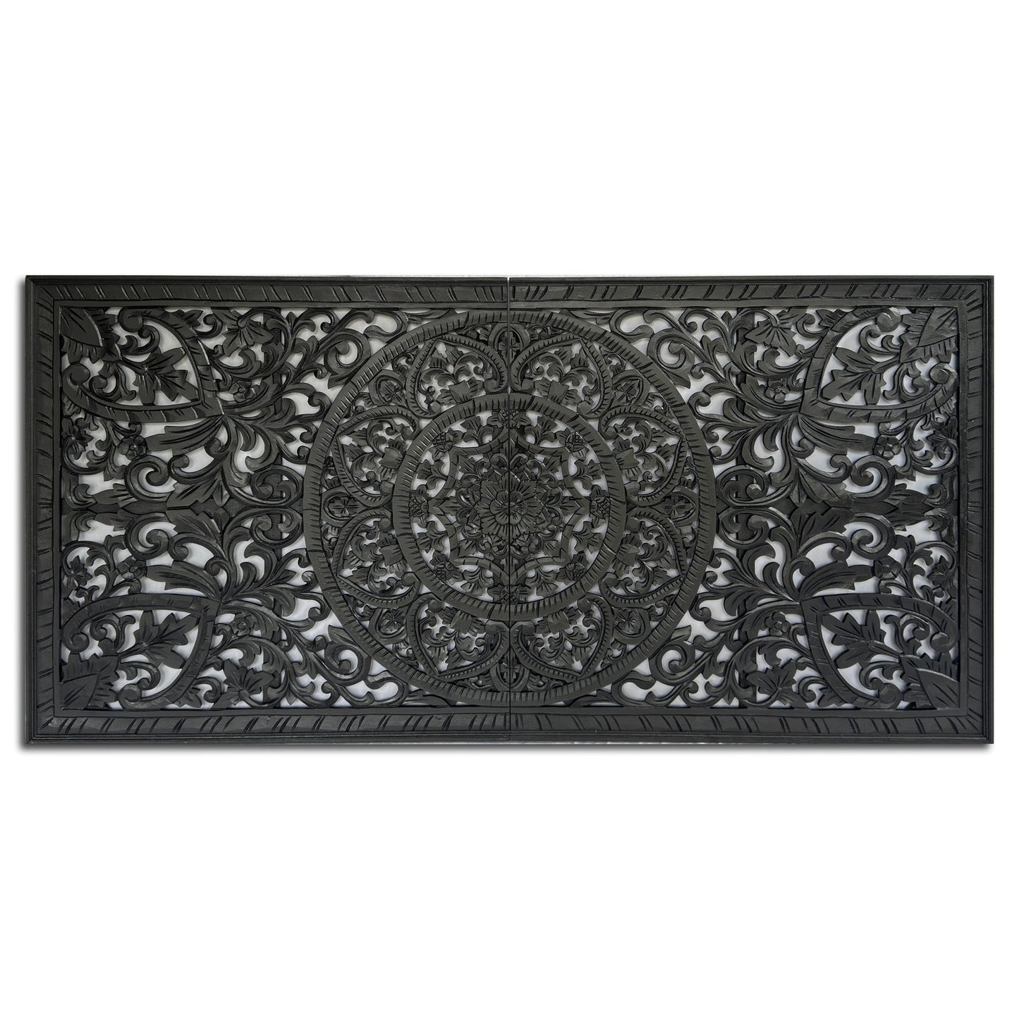 Carved Half Size Mandala Bed Headboard "Manusa"- Black