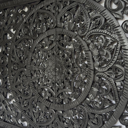 Carved Half Size Mandala Bed Headboard "Manusa"- Black