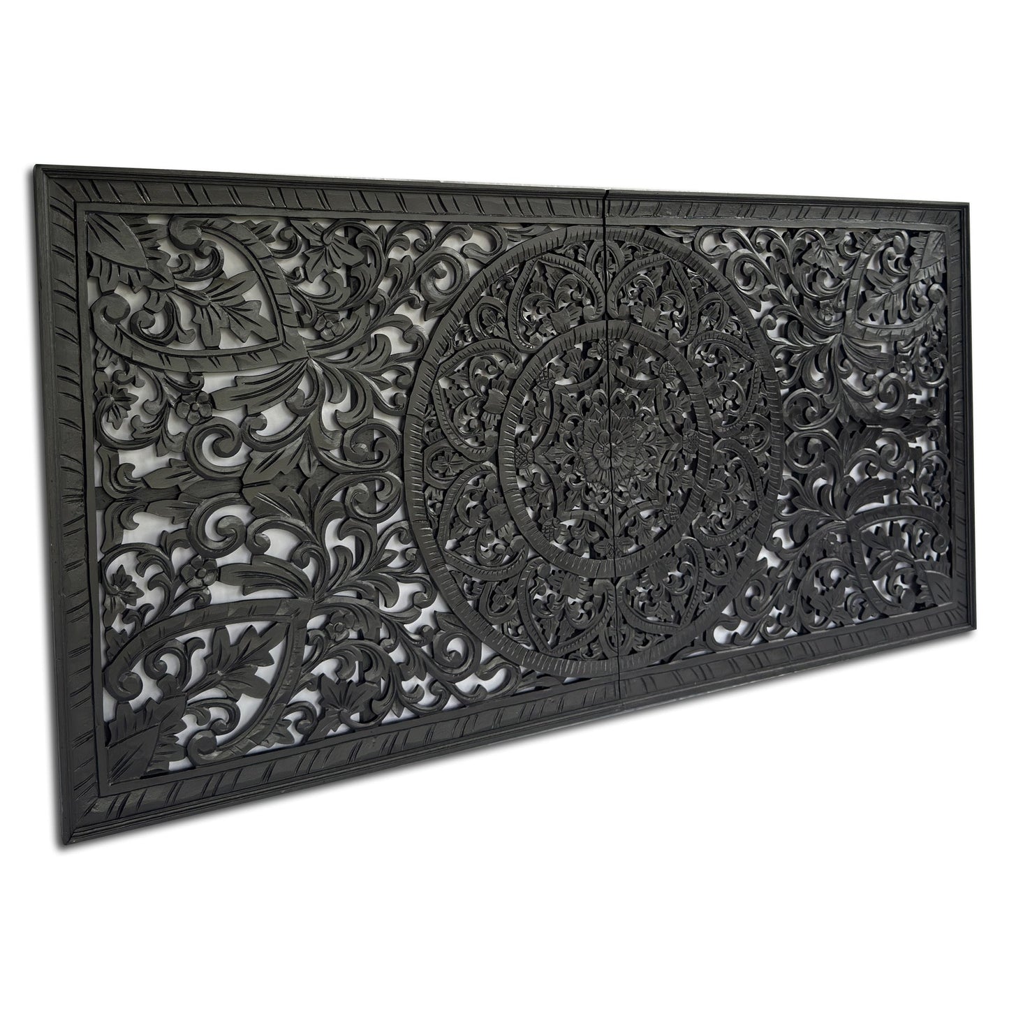 Carved Half Size Mandala Bed Headboard "Manusa"- Black