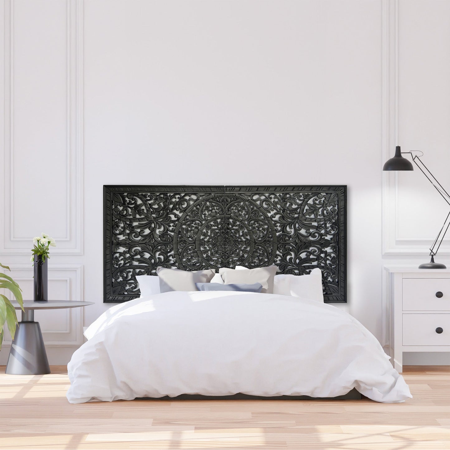 Carved Half Size Mandala Bed Headboard "Manusa"- Black