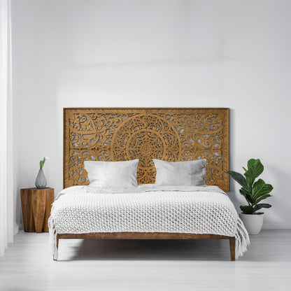 Carved Half Size Mandala Bed Headboard "Manusa"- Natural